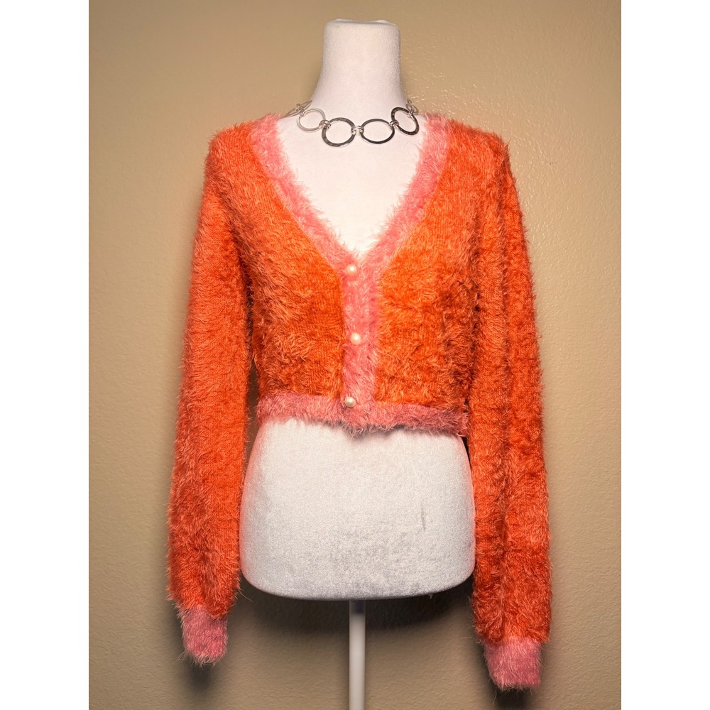 Y2K Forever 21 Fuzzy Knit Cropped Cardigan Orange Pearl Buttons Womens M #9